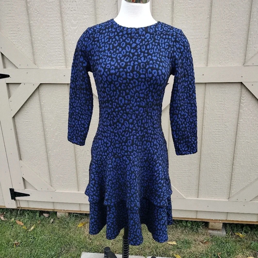 Michael Kors Flat Cat Jacquard Tiered Dress Black Twilight Blue Size Small NWT